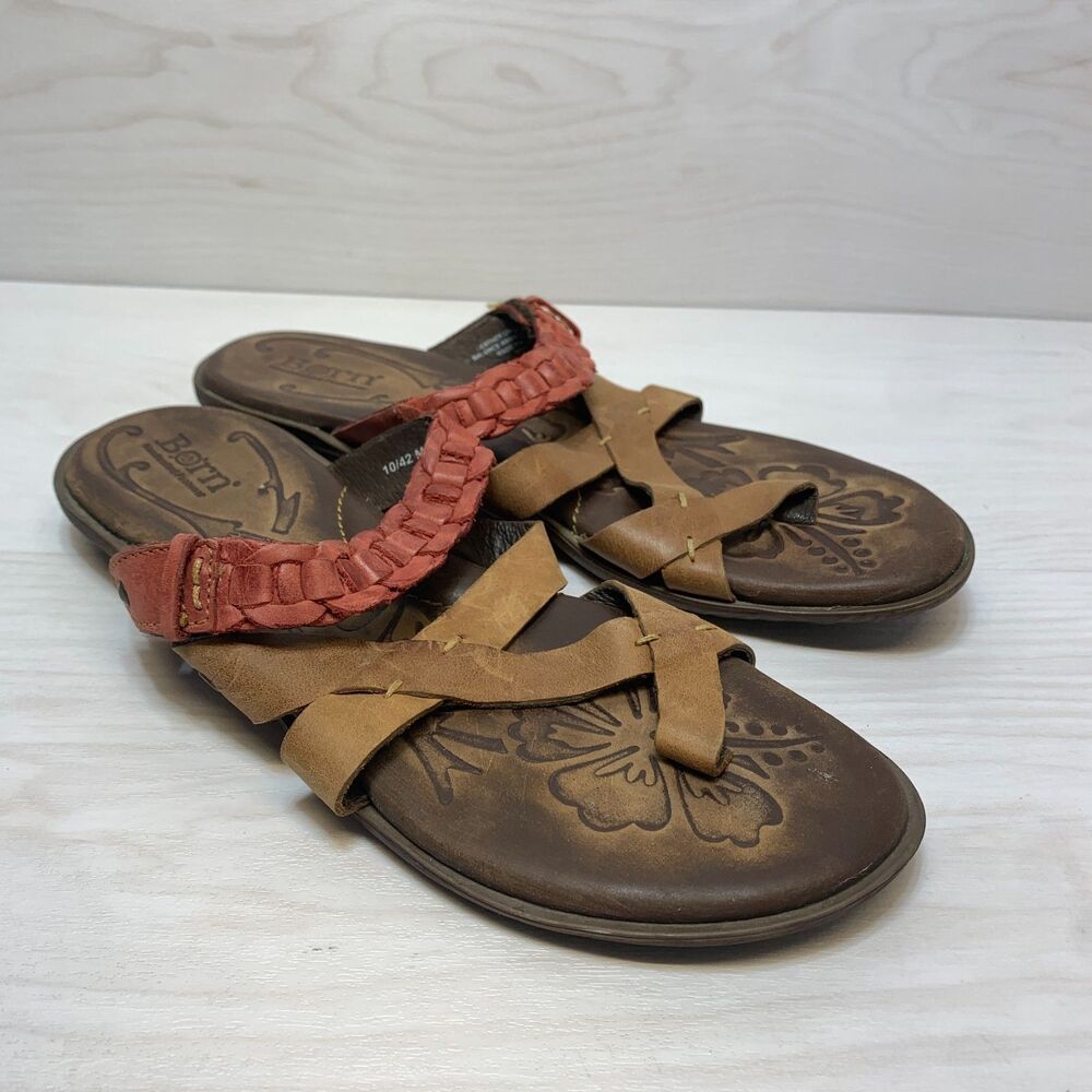 Born Braided Strap Sandals Women's Size 10 Brown Leather Floral Embossed Footbed